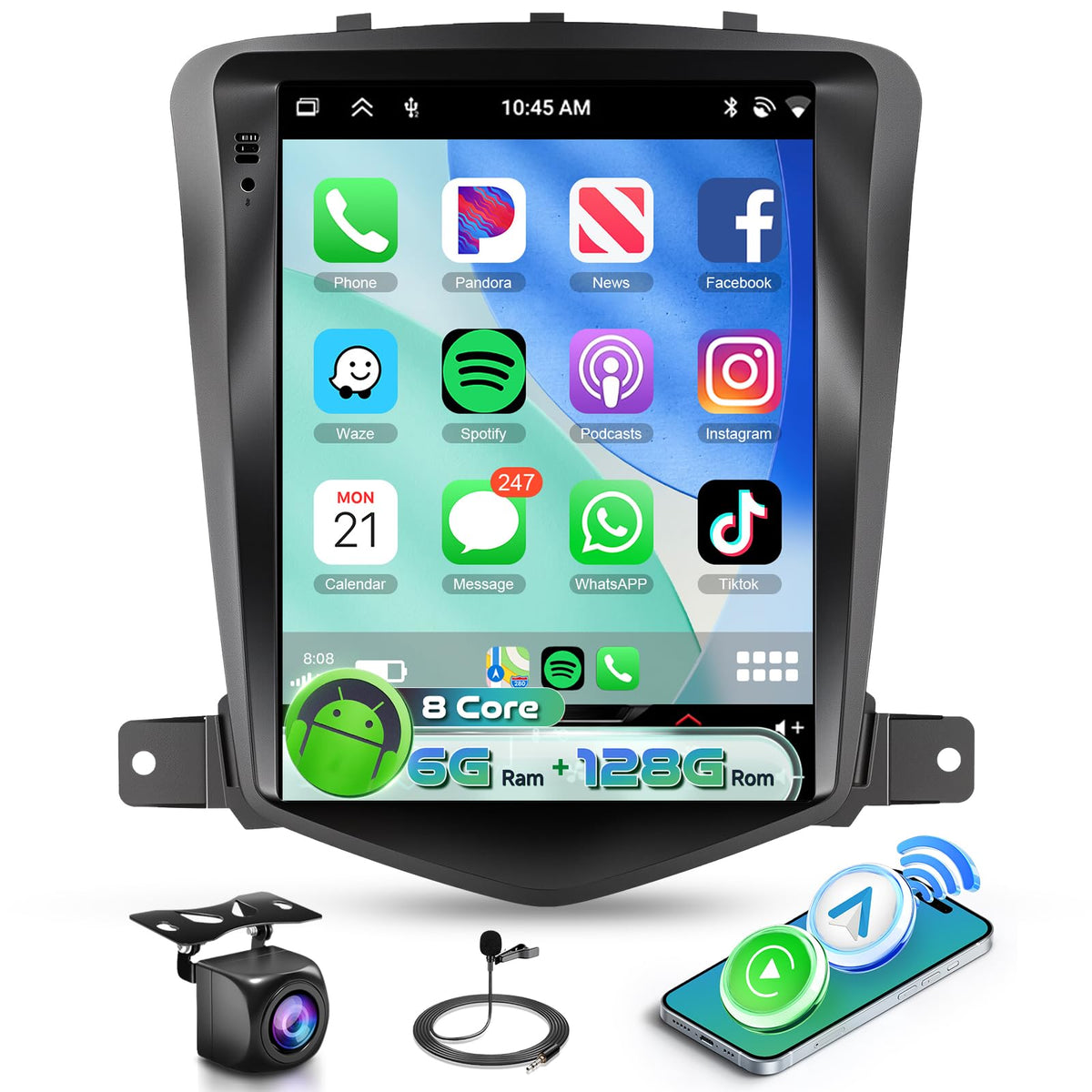 8Core 6G+128G Car Stereo for Chevy Cruze 2009-2015, Android 15 Radio with DSP 32-EQ,9.7Inch IPS Vertical Touch Screen,Wireless Carplay/Android Auto,GPS,WiFi,FM/RDS,SWC,Backup Camera
