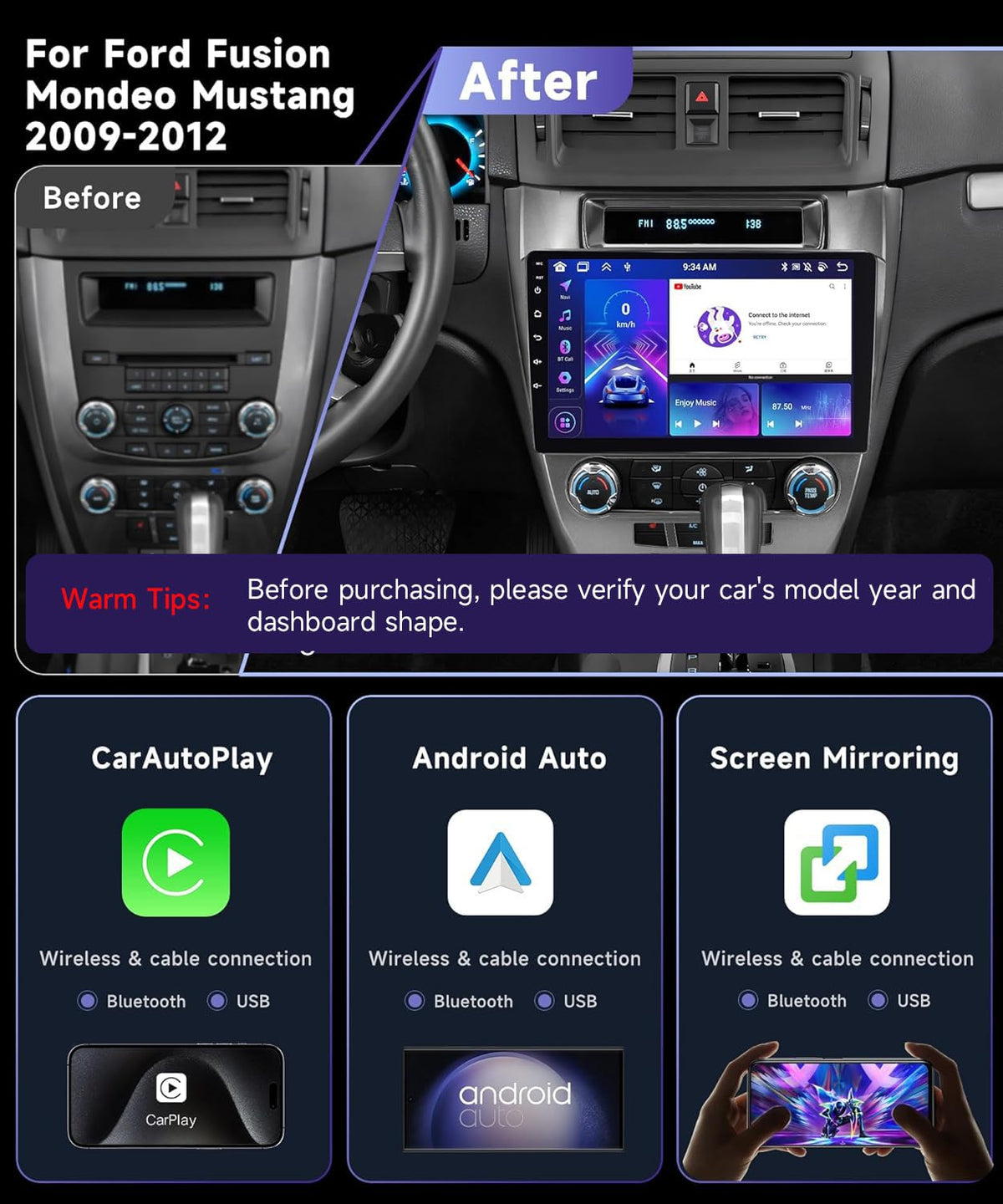 Podofo Android 15 Car Radio for 2009-2012 Ford Fusion Mondeo Mustang