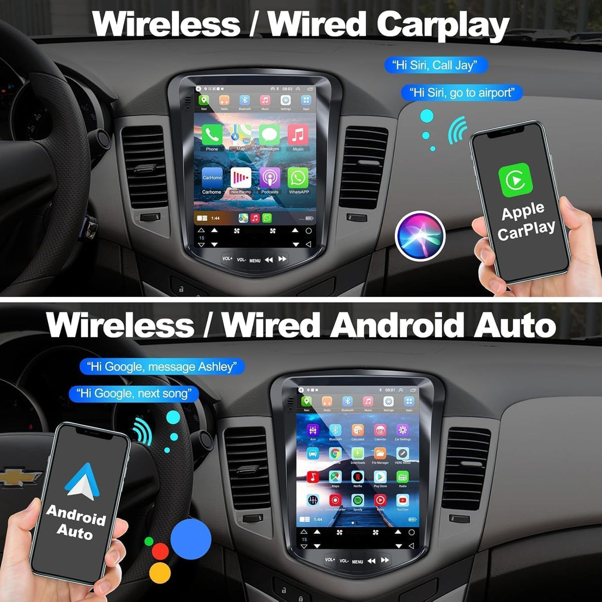 [8 Core+64G] Car Radio for Chevrolet Chevy Cruze 2009 2010 2011 2012 2013 2014 2015, 10.4 Inch IPS Touch Screen Car Stereo with Carplay/Android Auto,GPS, WiFi, Bluetooth,FM, DVR/DPS, Android 15