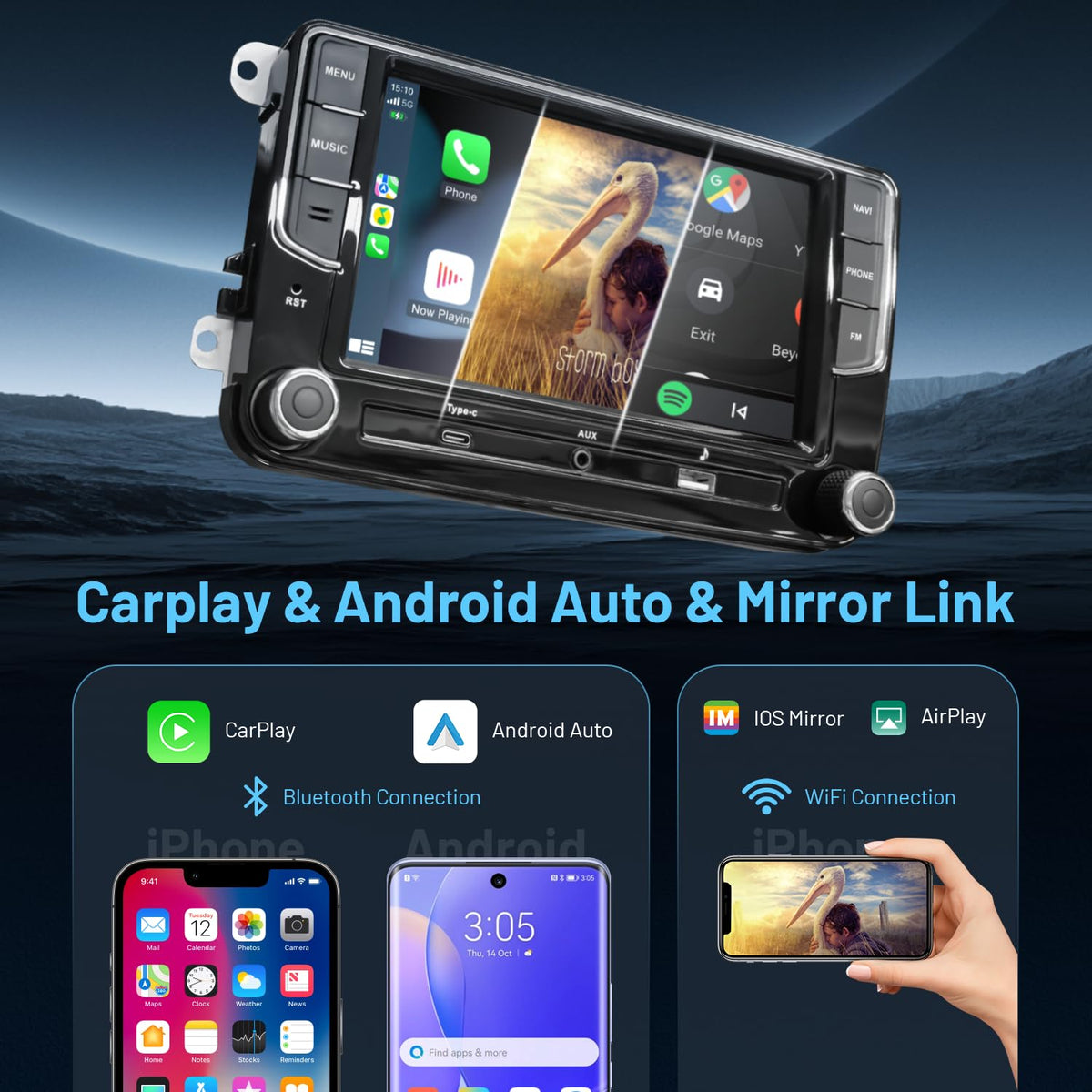 Wireless CarPlay Car Stereo for VW 7" Double Din Radio with Backup Camera