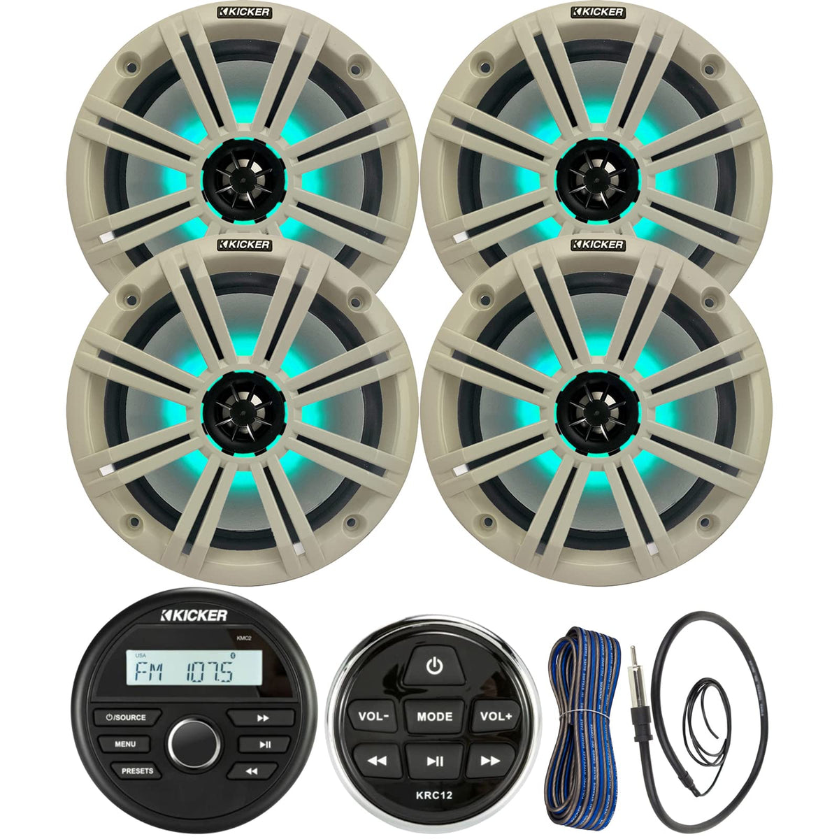 Kicker All-Weather Marine Gauge Style Bluetooth USB Stereo Receiver Bundle with Wired Remote, 4x 8" 2-Way 300W Max Coaxial Marine LED Speakers w/ White Grilles, 50-Ft 16-Gauge Wire, 22" Antenna