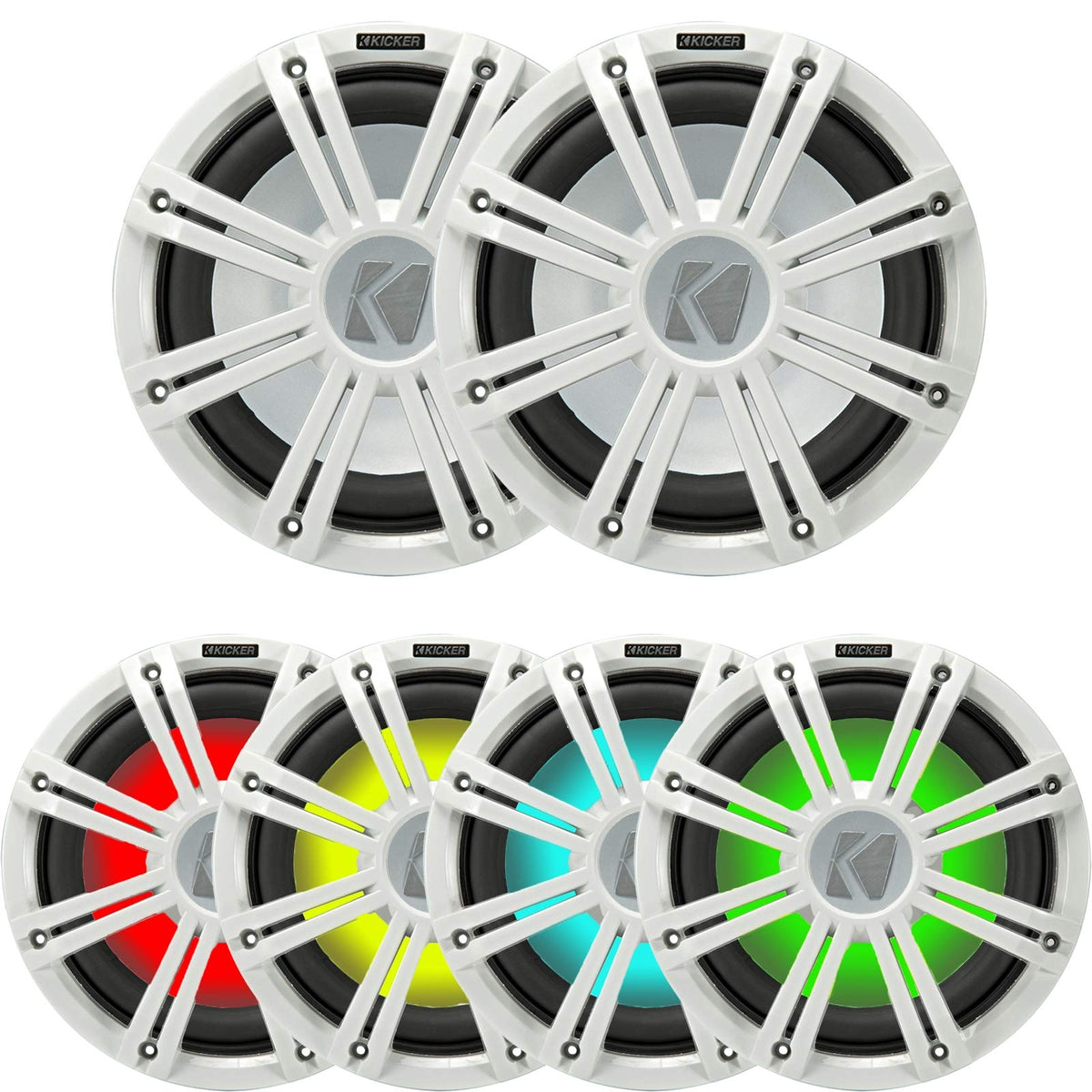 2 Kicker 45KMF104 10" Weather-Proof Subwoofers for Freeair Applications - 2 Kicker 45KMG10W 10" LED Grilles (White)