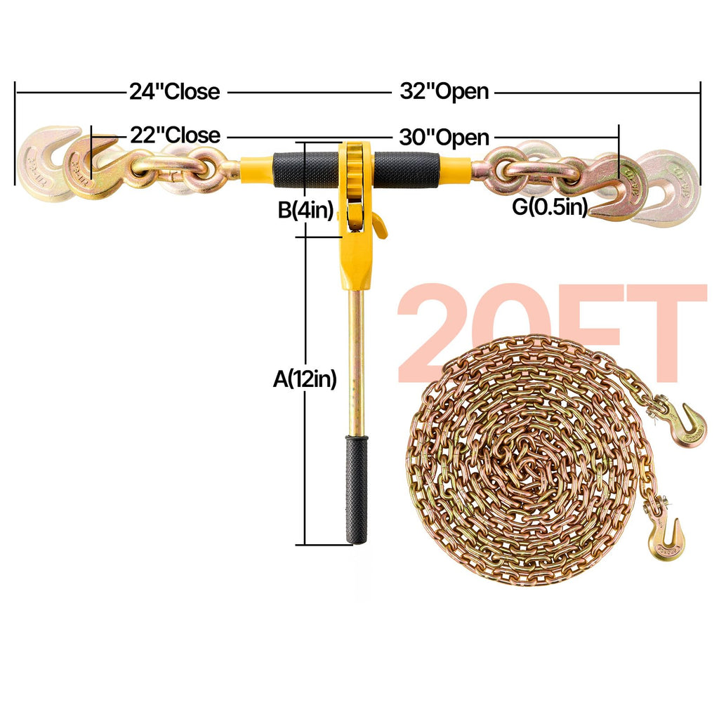 Ratchet Chain Binder, 5/16"-3/8" Heavy-Duty Load Binders, Featuring G80 Chains 7100 lbs Secure Limit, 4 P, Labor-Saving Anti-Skid Handle, Tie Down Hauling for Flatbed Truck Trailer