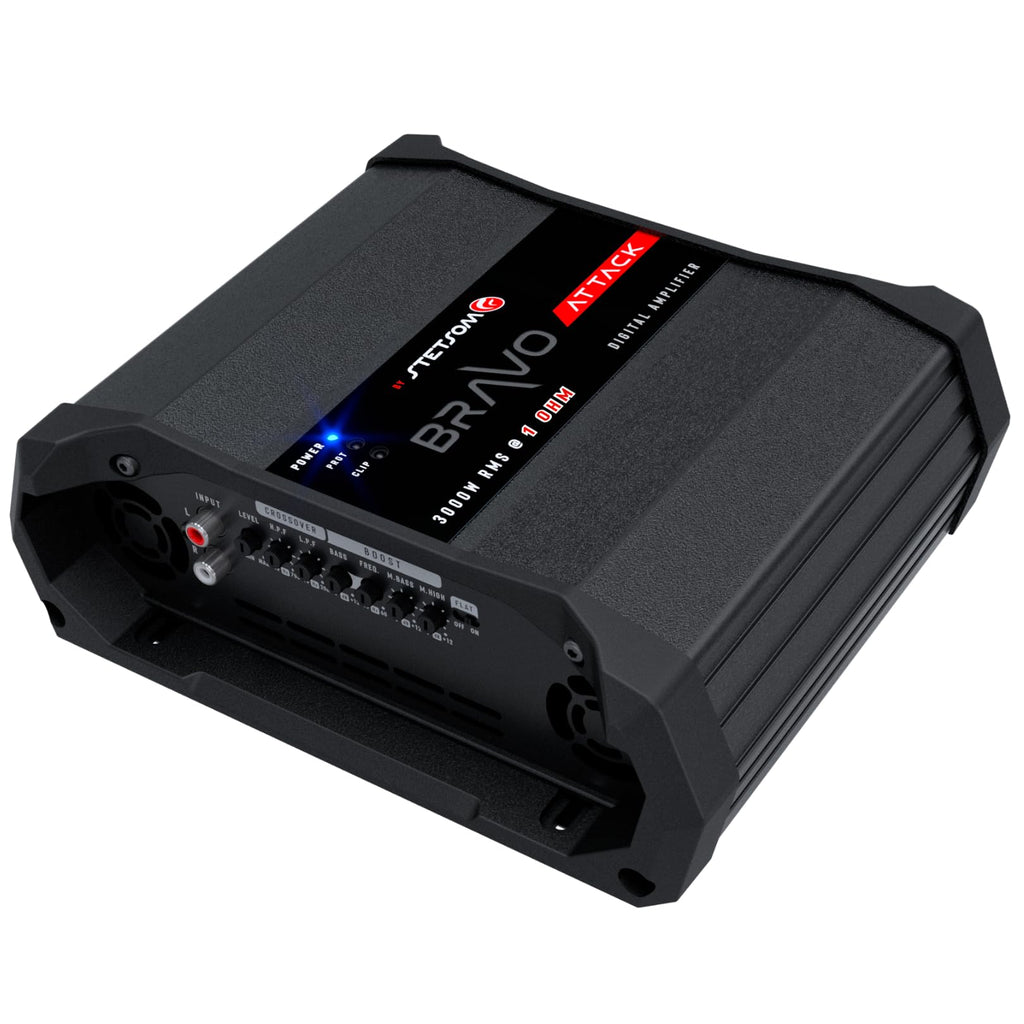 Stetsom Bravo Attack 3000 1 Ohm Mono Car Amplifier, 3000.1 3K Watts RMS, 1Ω Stable Car Audio, Full Range HD Sound Quality, 3000x1, Crossover & Bass Boost, Car Stereo Speaker MD, Smart Coolers
