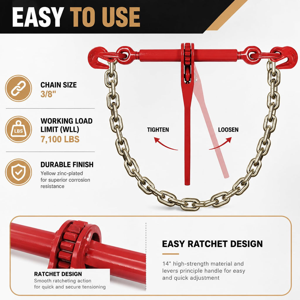 AAIN 4 Pack Chain and Binder Kit 3/8 in-1/2 in Ratchet Binders and Chains