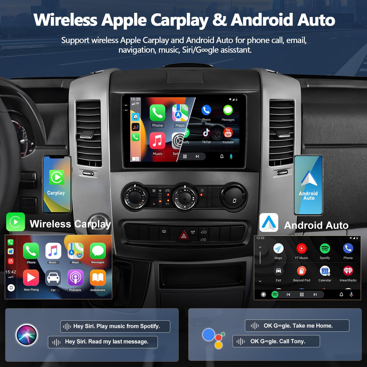 4G+64G Android 15 Car Stereo for Mercedes Benz Sprinter W906 2006-2016, Wireless CarPlay Android Auto 10 Inch 1280 * 720 in-Cell Touch Screen Radio with GPS Bluetooth FM Backup Camera