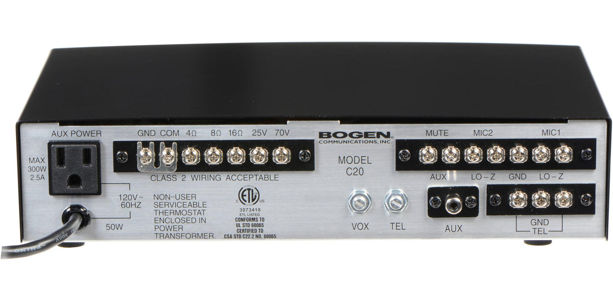Bogen C20 Public Address 20W Mixer-Amplifier, Mic and Auxiliary Inputs, Volume and Treble Controls, Discreet Transistor Circuitry, Screw Terminal Outputs, Voice-Activated Muting