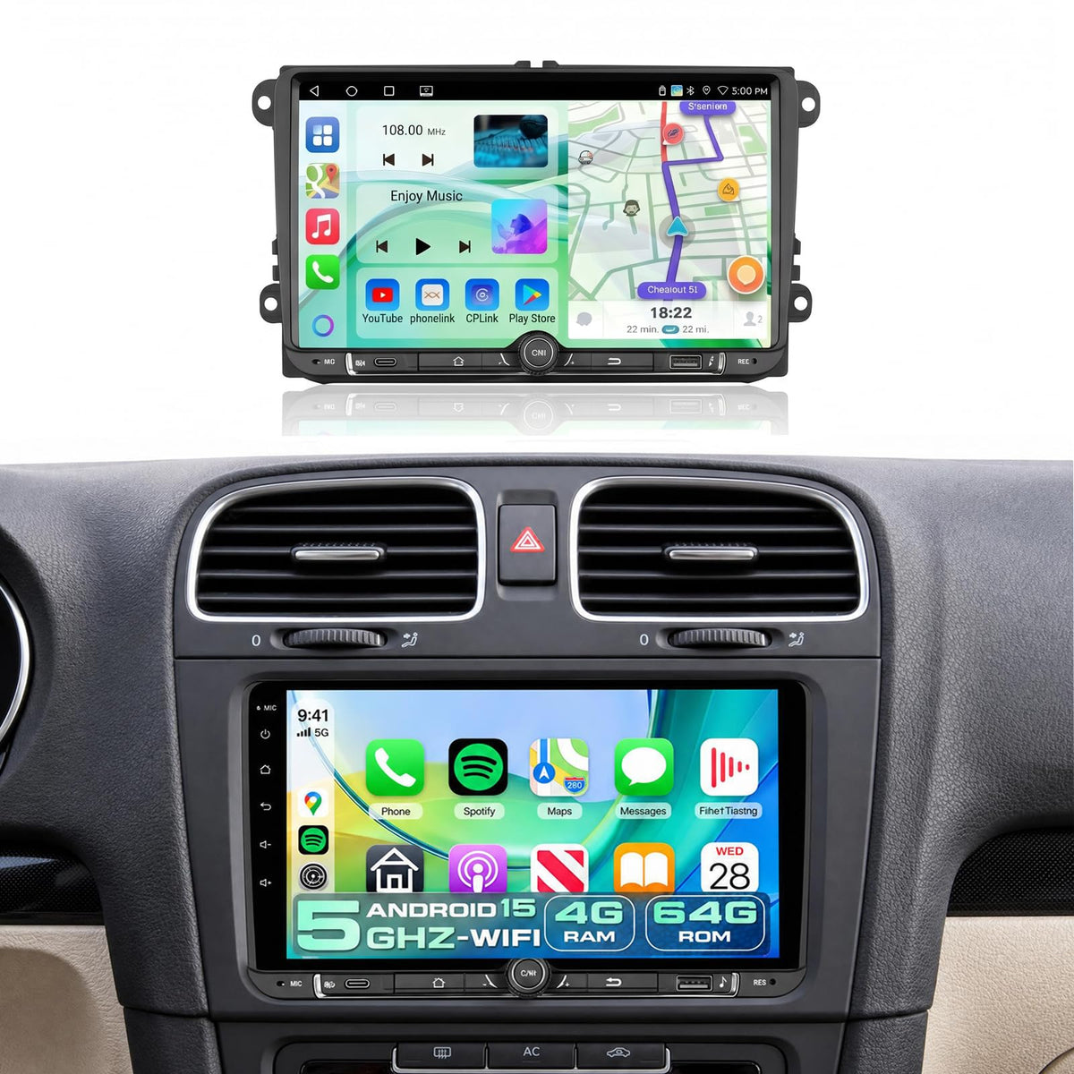 4G+64G Car Radio Stereo for VW Passat Jetta Tiguan Golf MK5 MK6 T5 Polo with Wireless Carplay/Android Auto,9 Inch IPS Touch Screen Android 15 GPS Head Unit 5Ghz-WiFi Bluetooth DSP Mic HD Rear Camera