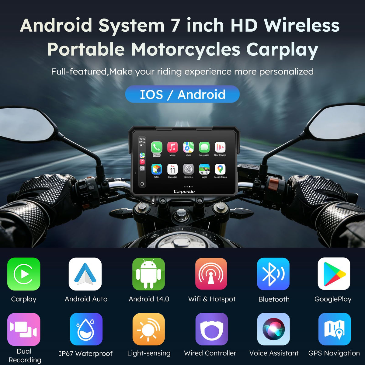 Carpuride W702 Plus 7" Motorcycle CarPlay Android Auto Android 14 Dash Cam