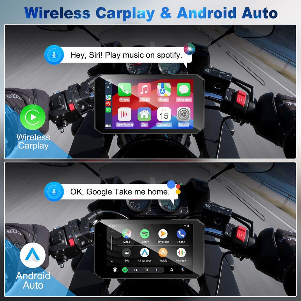 52HZ Motorcycle Carplay Android Auto with 5.5" Waterproof Touchscreen, TPMS, Millimeter Wave Radar, GPS Navigation,Dual 2K Dash Cam,BT,Real-time Alerts,OTA Updates,Quick Release Anti-Theft Mount