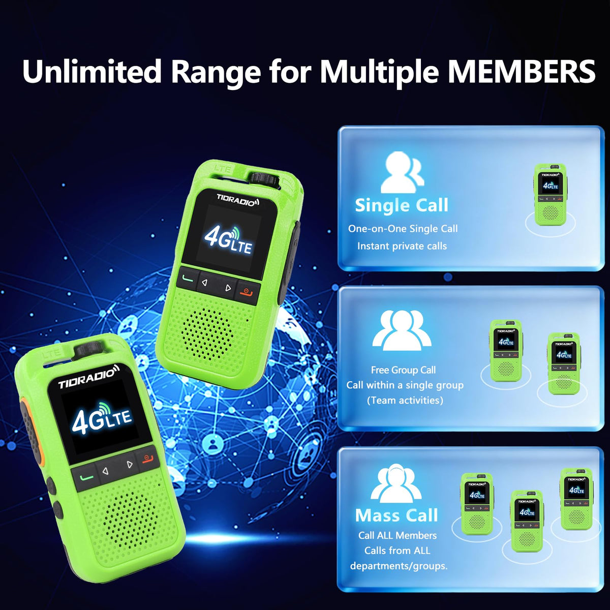 TIDRADIO TD-G100 Rapid Unlimited Range 4G LTE PoC Radios Long Range Walkie Talkies,Nationwide PPT Two Way Radios,Global Walkie-Talkie for Family,Logistics,Construction site,Green-6Pack