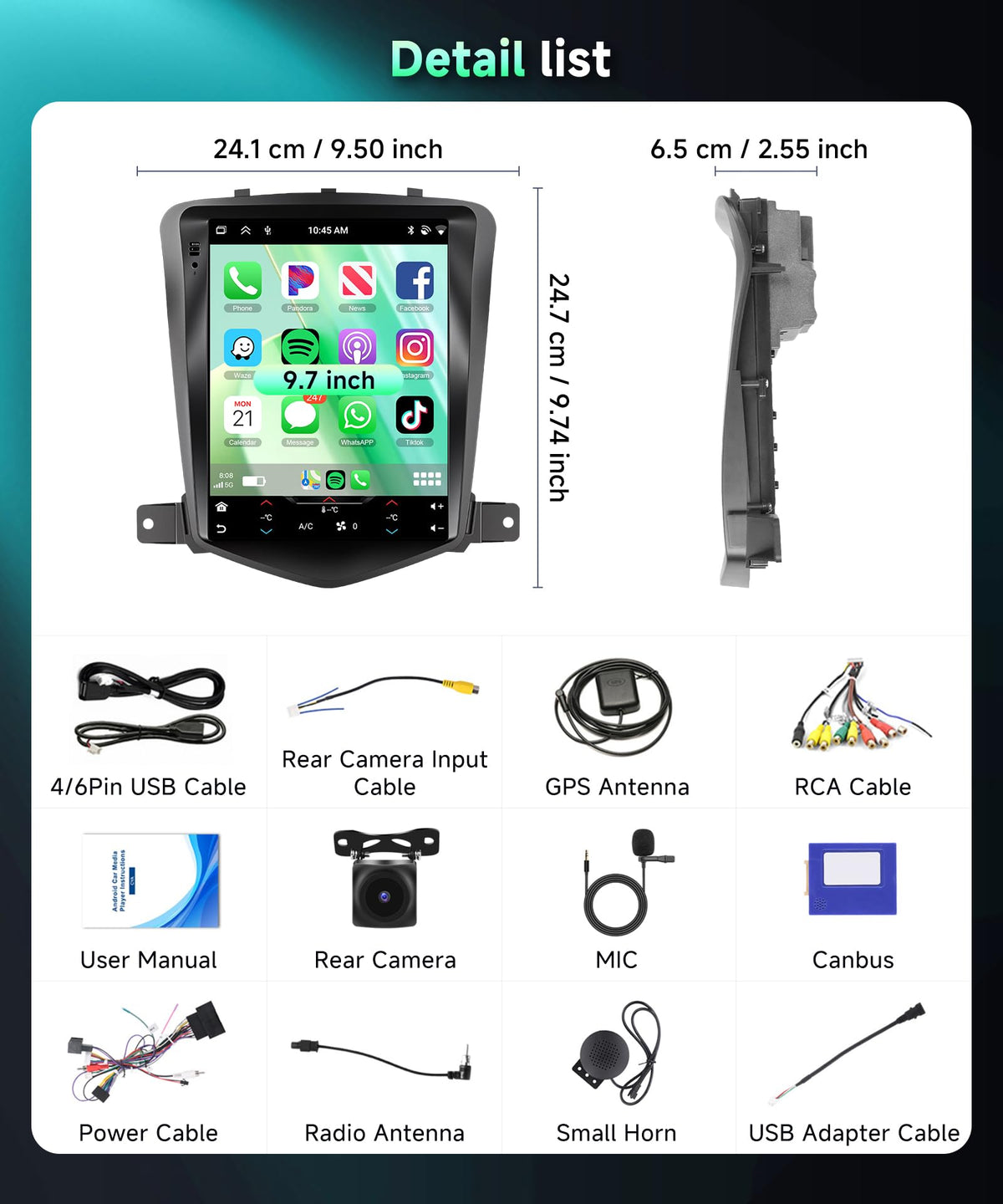 8Core 6G+128G Car Stereo for Chevy Cruze 2009-2015, Android 15 Radio with DSP 32-EQ,9.7Inch IPS Vertical Touch Screen,Wireless Carplay/Android Auto,GPS,WiFi,FM/RDS,SWC,Backup Camera
