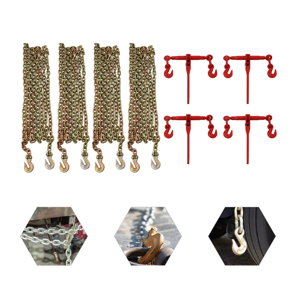 5/16"-3/8" Chain Binder Kit 4 Set, 5400 lbs Working Strength Ratchet Load Binders, G70 Hook Working Load Tie Down Set Tool for Truck Tie Down Hauling Towing