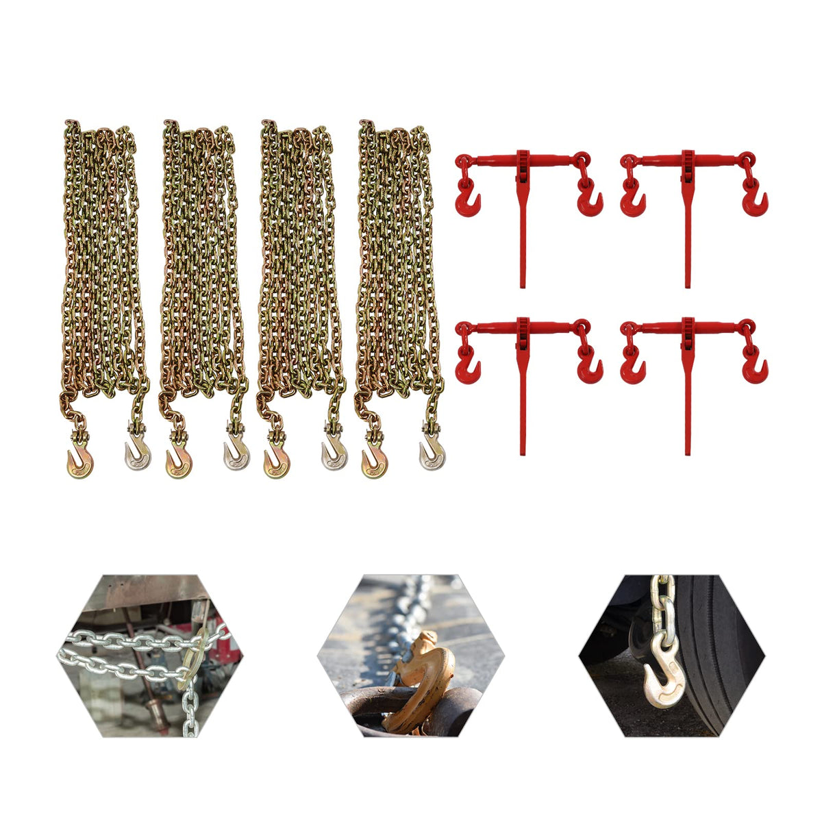 YIYIBYUS Ratchet Load Binder + 20ft Chain Hauling for Tie Down Heavy Loads (4 PC 5/16"-3/8" 20FT,45 Steel)