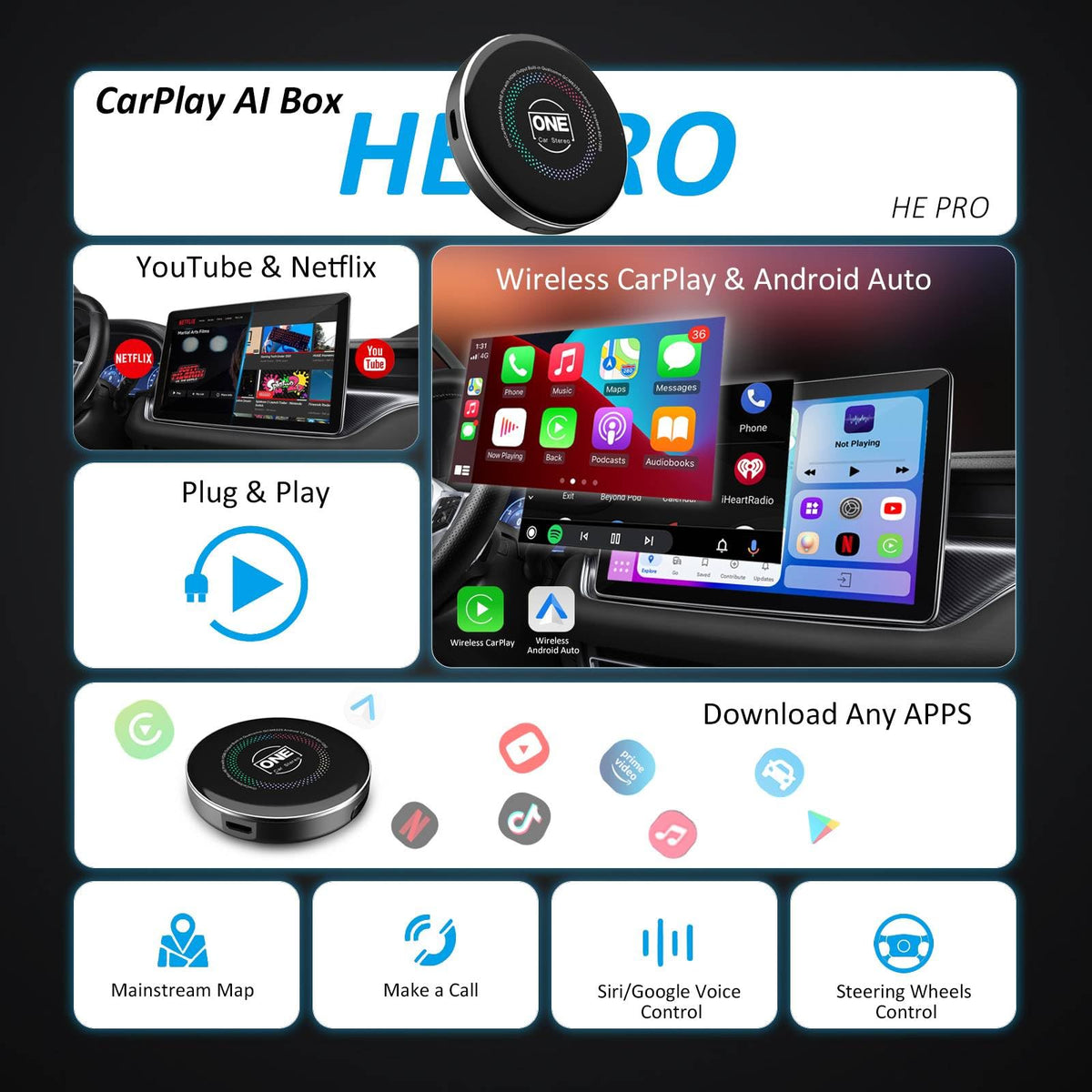 OneCarStereo CarPlay Ai Box HE Pro with Android 13 Octa-Core Chip 8+128GB, Wireless CarPlay Android Auto Adapter with YouTube Disney+ Apps, Support Video Output 4G SIM & Dual WiFi OTA Update (1)