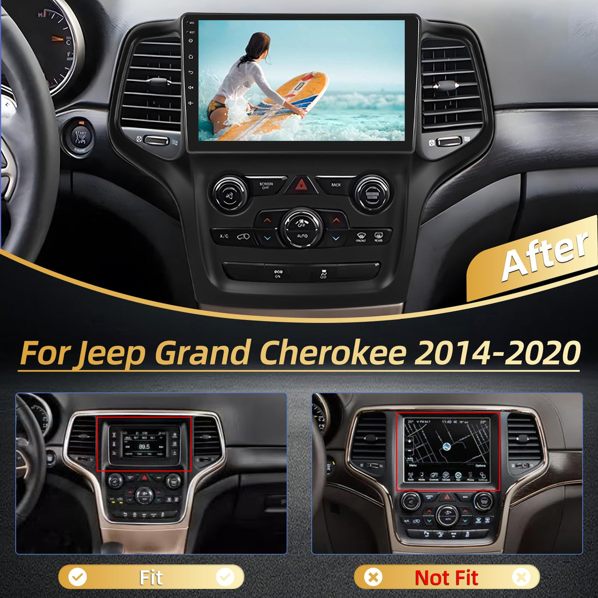 2+64G Android Car Stereo for Jeep Grand Cherokee 2014-2020 - 9 Inch Touchscreen Radio with Wireless Carplay & Android Auto, WiFi, GPS, EQ, FM RDS + AHD Backup Camera