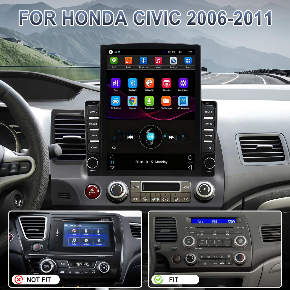 Car Radio for Honda Civic 2006 2007 2008 2009 2010 2011 with Apple Carplay & Android Auto, 9.7-Inch Touch Screen Car Stereo with GPS Bluetooth WiFi Double Din DSP FM RDS Camera, 2+32GB