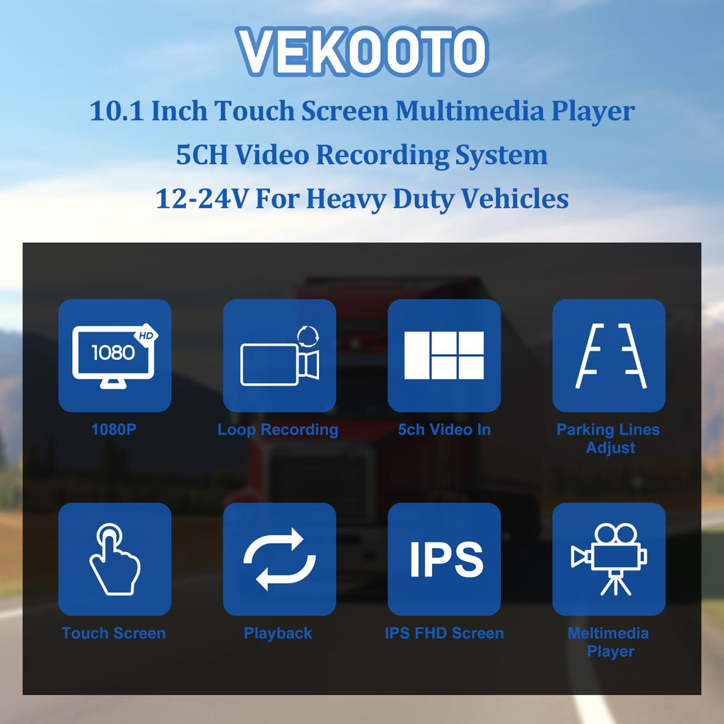 VEKOOTO Truck Camera System, 5CH Backup Camera with 10.1'' Touch Screen, Waterproof 5 AHD Rear Side View Camera, for Truck/Semi-Trailer/Camper/RV/Bus