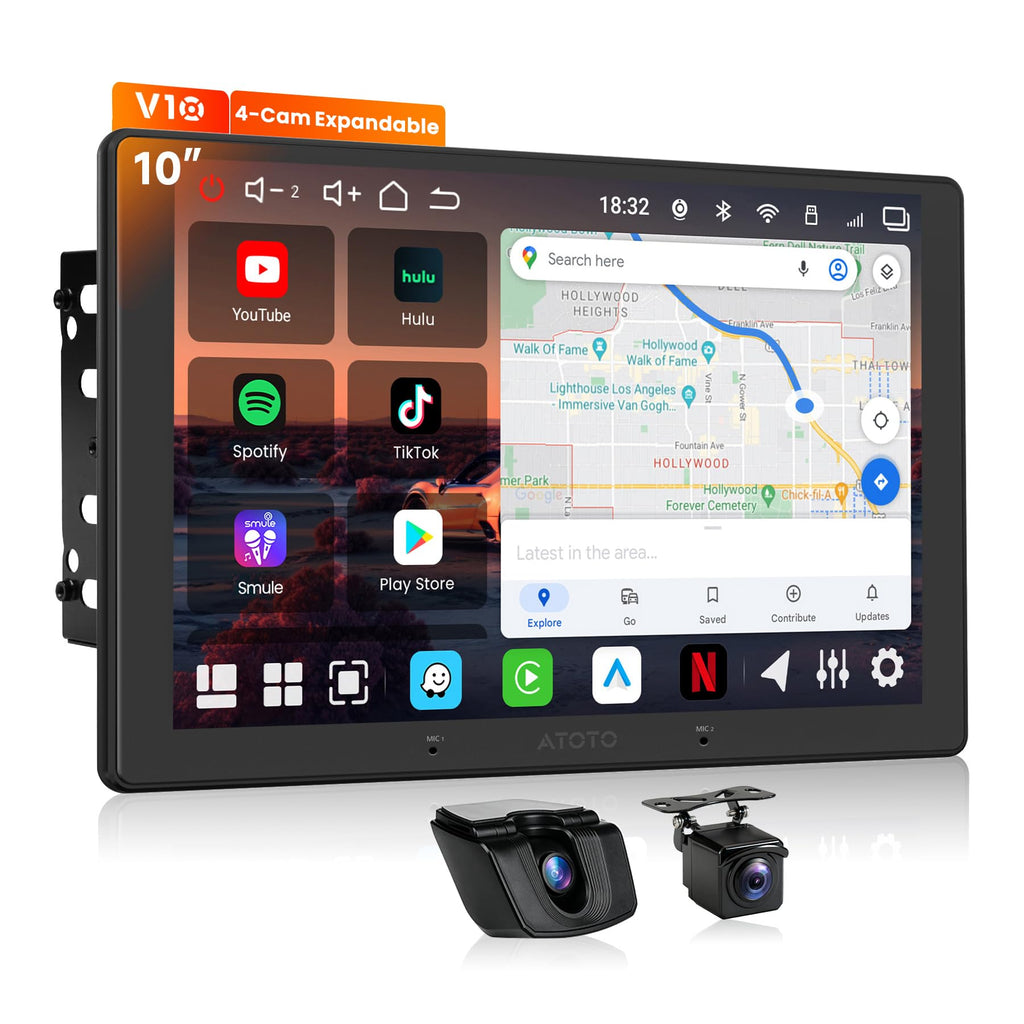 V10 10” QLED Android Double DIN Car Stereo, 6G+128G, 4G LTE, 1080P Front Dash Cam & Backup Cam, Hi-Fi DSP w/24‑Bit DAC,4V RCA, in-Car Karaoke, aptX HD BT, Wireless CarPlay&Android Auto