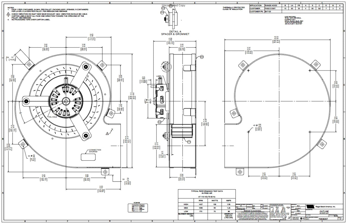 B47120, 1/22 Hp, 1500 RPM, 115 V, 1 Ph, 60 Hz, Open Air‑Over, Direct‑Drive Blower Assembly
