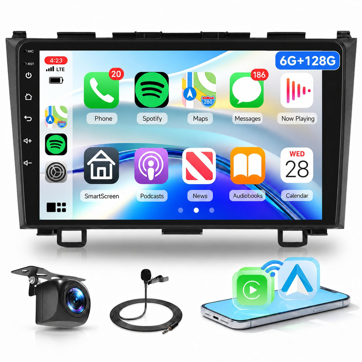 8 Core 6G+128G Android Car Radio for Honda CRV 2007-2011 with Wireless CarPlay Android Auto, 9” Touchscreen Car Stereo Mirror Link GPS WiFi Bluetooth FM RDS DSP EQ SWC Backup Camera