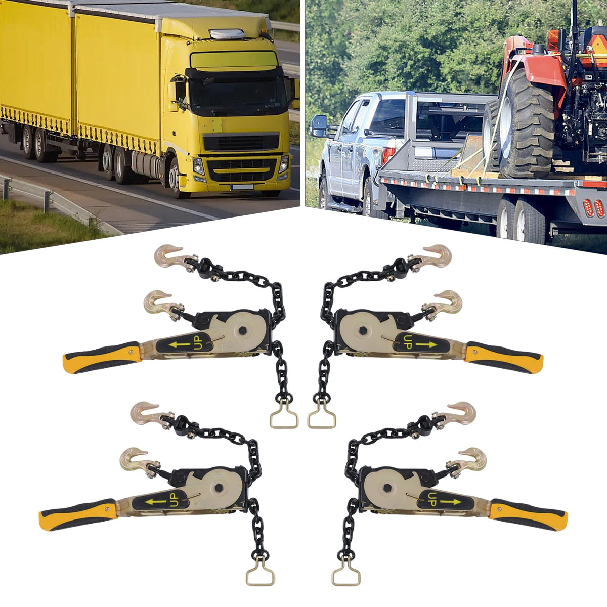 4 Pack 3/8"-1/2" Easy Ratchet Chain Binder with Grab Hooks & 6600 lbs WLL - Heavy Duty Tie Down Ratchet Load Binder for Flatbed Trailers & Trucks, Tractors, Transportation, Industry, Yellow