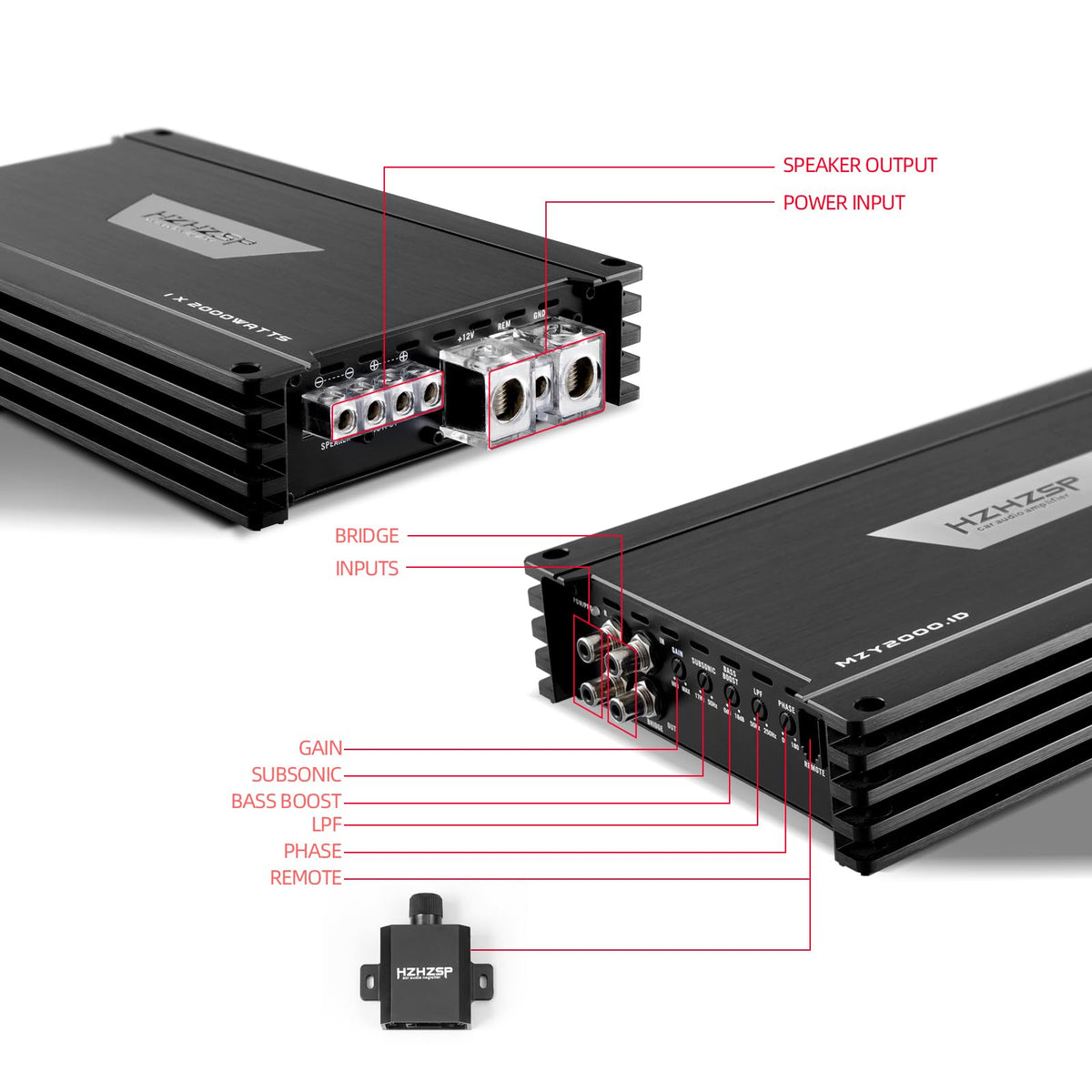 2000W RMS Class D Monoblock Car Subwoofer Amplifier, 1 Ohm Stable