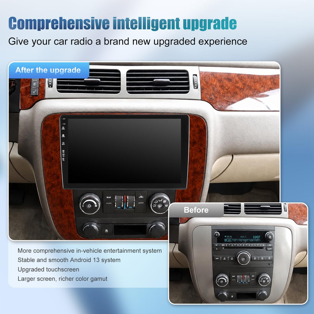 9 Inch QLED Touch Screen Car Stereo Radio Upgrade for GMC Sierra Yukon Chevy Silverado 2007-2013 Tahoe Replacement Android 13 Head Unit with CarPlay Android Auto WiFi Backup Camera (Mahogany)