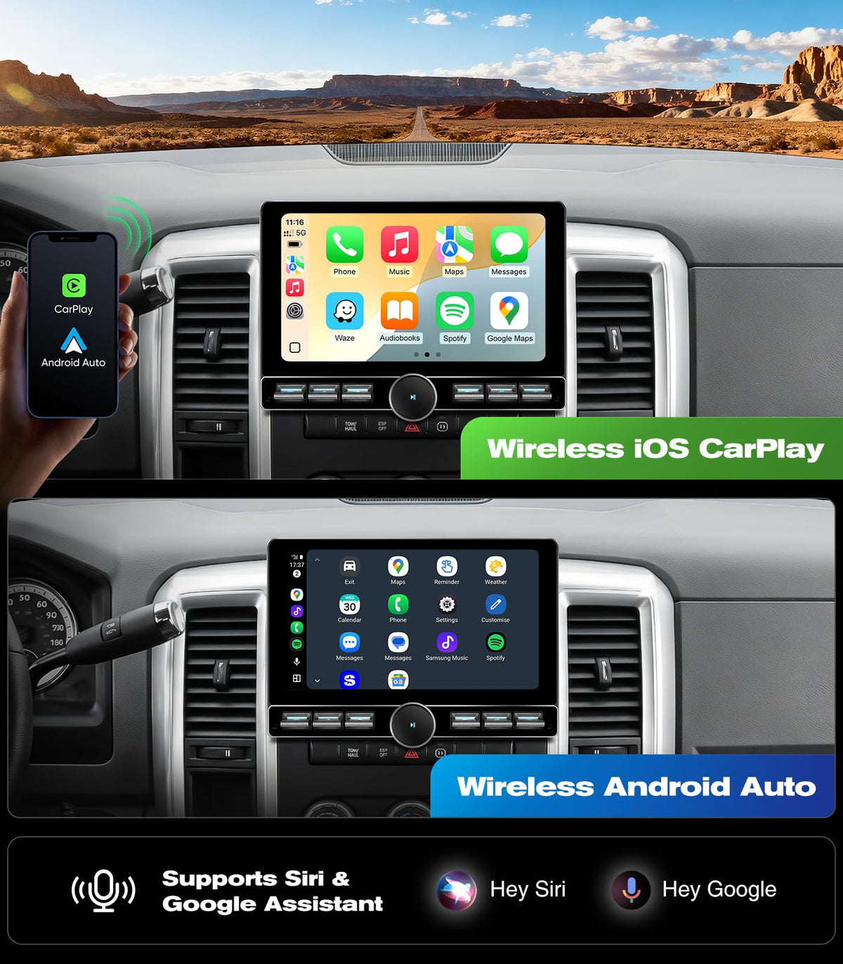 10 inch Touchscreen Car Stereo Radio for Dodge Ram 1500 2500 3500 2009-2012 Replacement Dash Kit w/Wired Wireless CarPlay Android Auto Navigation (10" Ram SKK 09-12)