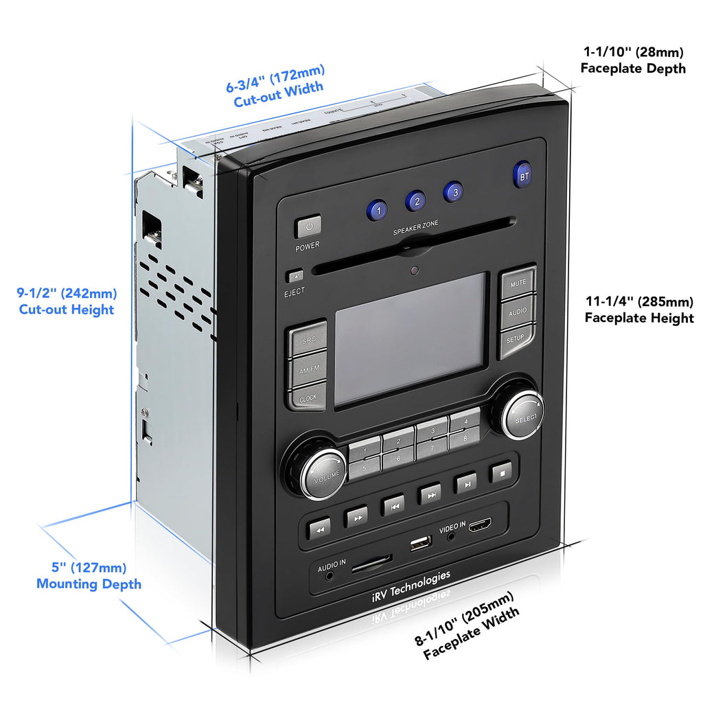 iRV Technology iRV66 AM/FM/CD/DVD/MP3/MP4/USB/SD/HDMI/Digital5.1/Surround Sound/Bluetooth 3 Zones wall mount RV Radio Stereo with wire adaptor Concertone ZX500/600/690/700,Genesis GT-3.0