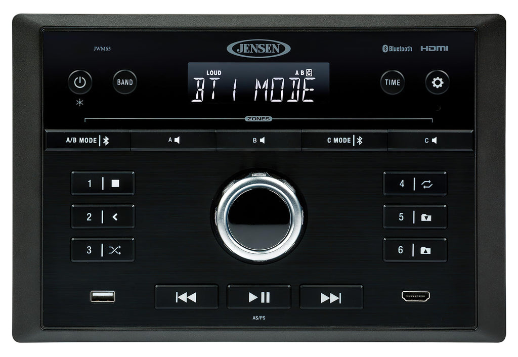 Jensen JWM65 RV Wall Mount Multimedia Stereo Receiver, Bluetooth Audio Streaming, HDMI ARC and CEC, AM FM Radio, Front USB MP3 Playback, 3 Zone Audio Control, Wireless Remote, Black