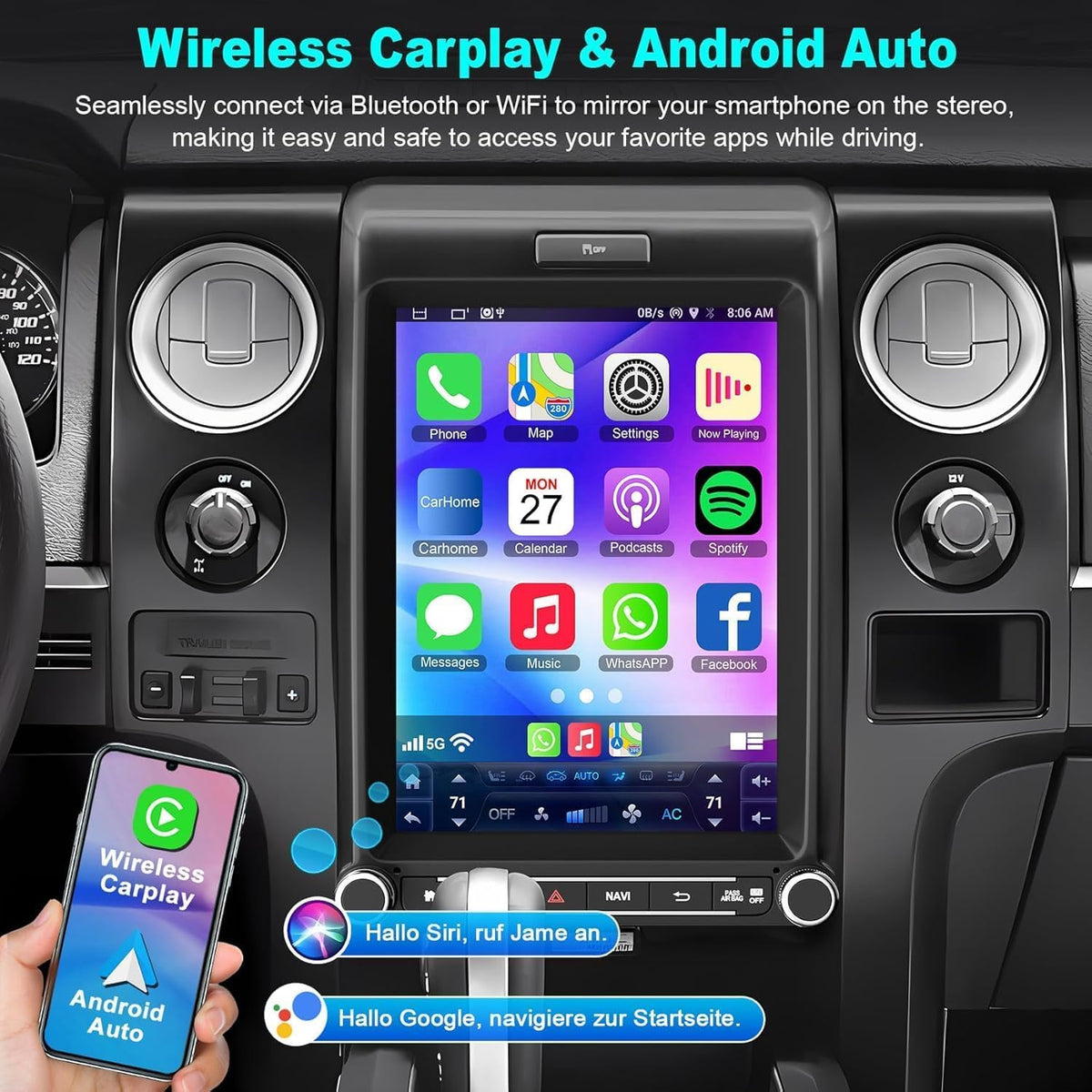 4+64 Android 15 for Ford F150 2013-2014 Car Radio 8 core, 10.4 Inch IPS Touch Screen Car Stereo with Wireless Carplay/Android Auto,GPS, WiFi, Bluetooth, Backup Camera, DSP