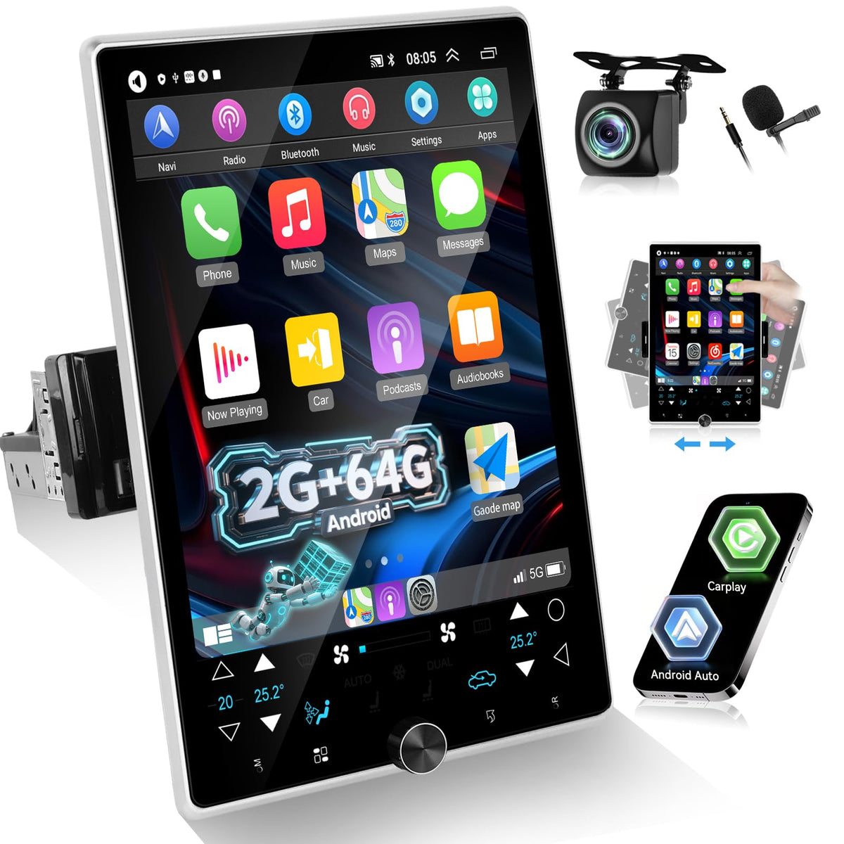 [2G+64G] Single Din Android Car Stereo Rotatable 10.4 inch Vertical Touch Screen Radio with Carplay/Android Auto/EQ Audio/Bluetooth/SWC/FM RDS Radio +AHD Backup Camera