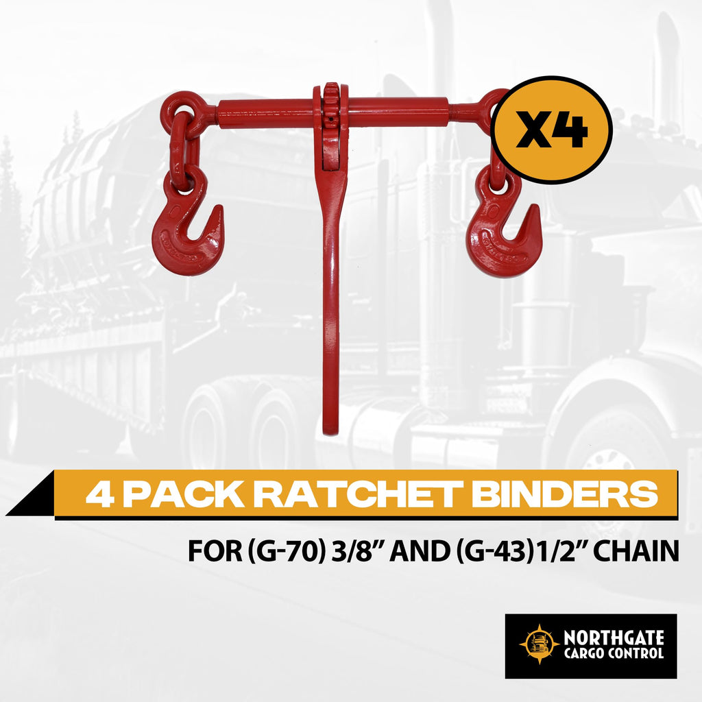 (4 Pack) 3/8"-1/2" Heavy Duty Ratchet Lever Load Binder w/Grab Hooks - 9,200 lbs Working Load Limit - Red | Secure Hauling Chain Binders for Flatbed Trucks & Trailers"