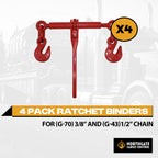 (4 Pack) 3/8"-1/2" Heavy Duty Ratchet Lever Load Binder w/Grab Hooks - 9,200 lbs Working Load Limit - Red | Secure Hauling Chain Binders for Flatbed Trucks & Trailers"