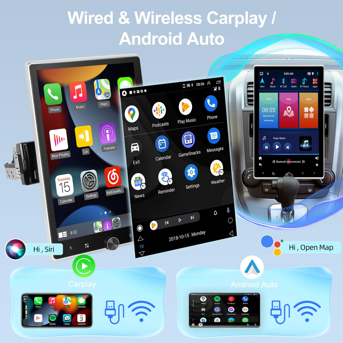 [2G+64G] Single Din Android Car Stereo Rotatable 10.4 inch Vertical Touch Screen Radio with Carplay/Android Auto/EQ Audio/Bluetooth/SWC/FM RDS Radio +AHD Backup Camera