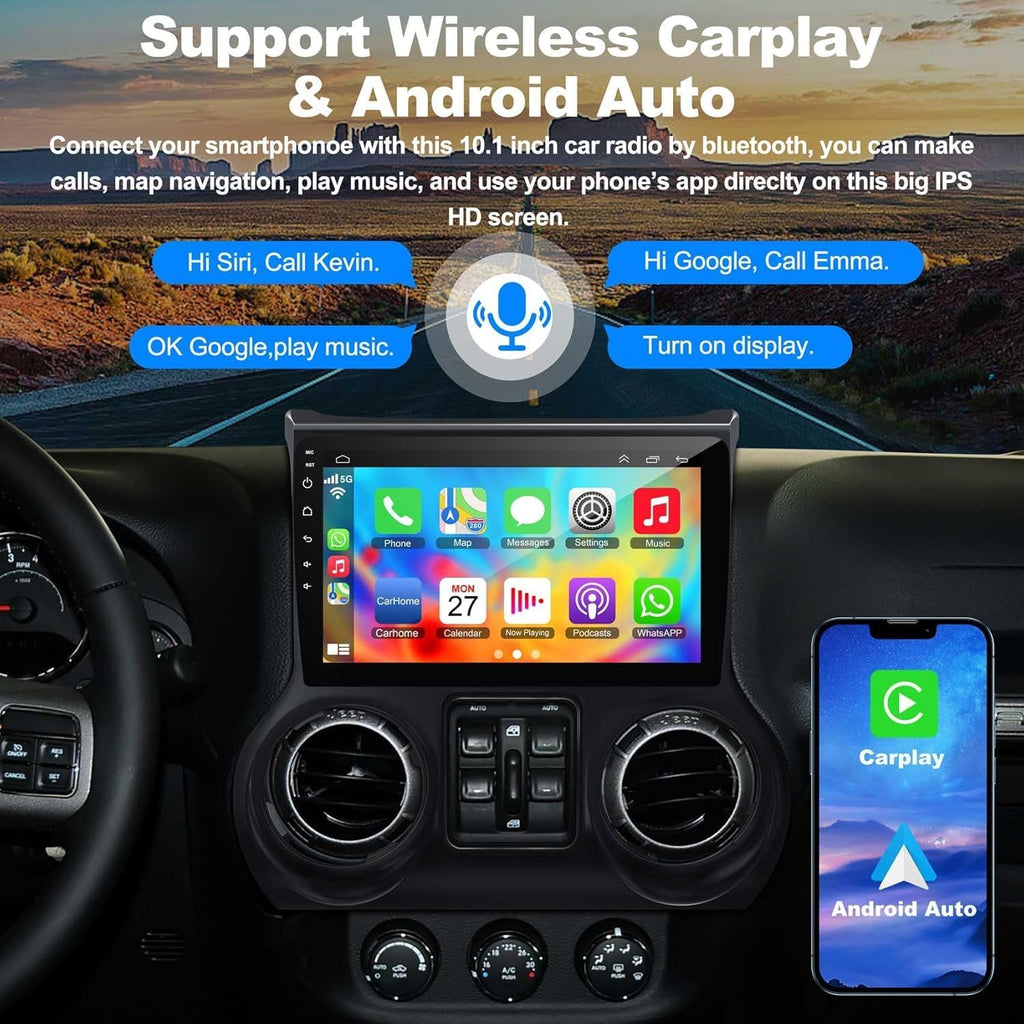 Upgraded Android 13 Car Radio for Jeep Wrangler (2011 2012 2013 2014), 10.2 Inch Car Radio with Carplay&Android Auto Support GPS Navigation, Backup Camera,FM/RDS Radio