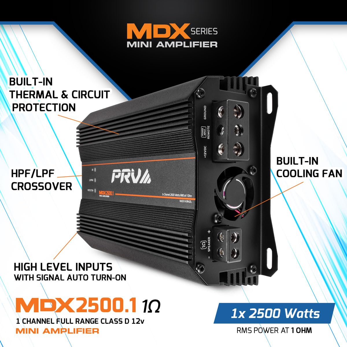PRV Audio MDX2500.1 1 Ohm Mini Car Audio Amplifier 1 Channel 2600 Watts RMS Ultra Compact Full Range Monoblock Class D Amp for Powersports, Motorcycles, ATV, for High Power Loudspeaker Systems