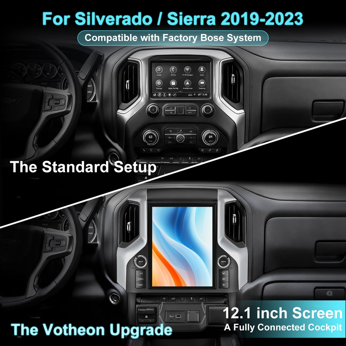 12.1 Inch Touch Screen Android Car Radio Upgrade for GMC Sierra Silverado 2019-2023, Wireless CarPlay & Android Auto, Octa-Core, GPS Navigation, 4G LTE, Multimedia Player Head Unit