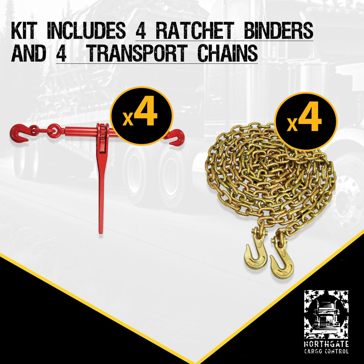 NCC · Heavy Duty · (4) G70 3/8" x 10' Transport Chain & (4) 3/8" - 1/2" Ratchet Load Binder Kit · for Tie Down, Hauling, Towing, Cargo Control