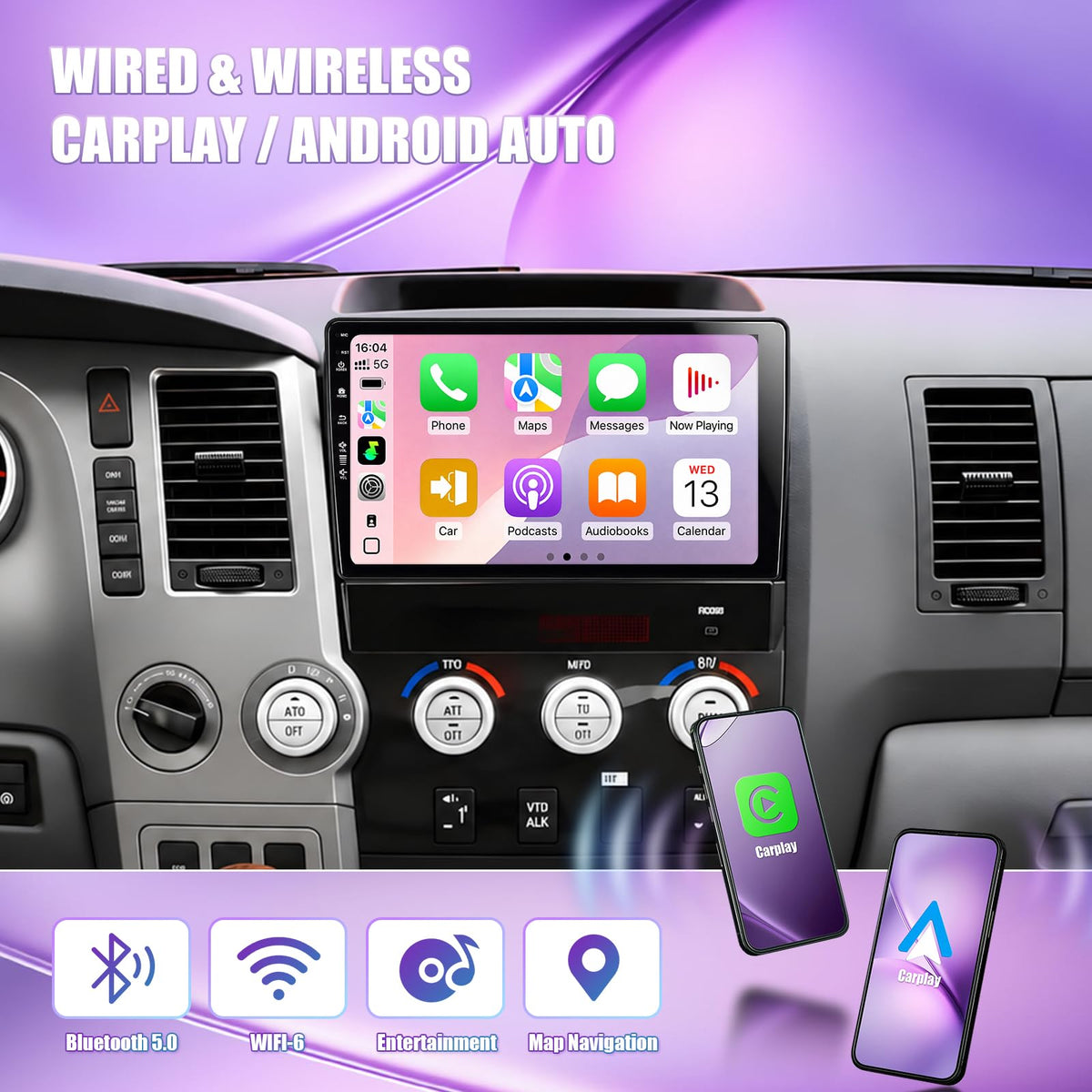 Car Radio Stereo for Toyota Tundra 2007-2013 Toyota Sequoia 2008-2019 10 inch Touch Screen Head Unit with Wireless Carplay Android Auto WiFi6/BT5.4/HD Rearview Camera/SWC/FM (2+64)
