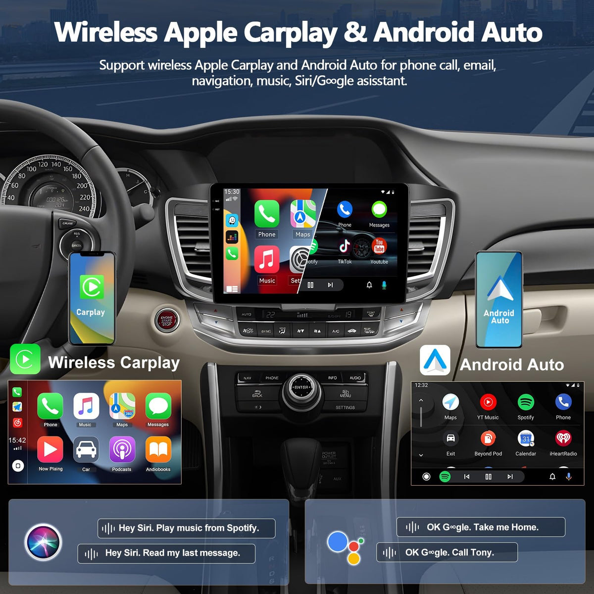 CAMECHO 4G+128G for Honda Accord EX-L 2013 2014 2015 Android 15 Car Stereo with Wireless CarPlay Android Auto 10" Incell 1280 * 720 Touch Screen Head Unit with GPS Bluetooth RDS FM Backup Camera