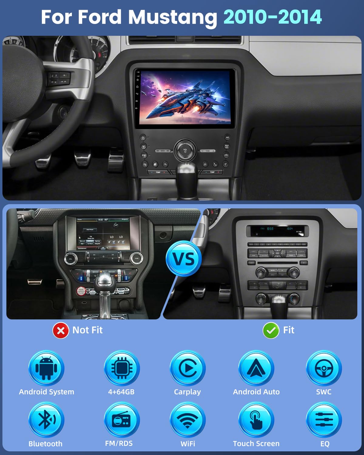4+64G Android Car Stereo for Ford Mustang 2010-2014, CarPlay, GPS, DSP