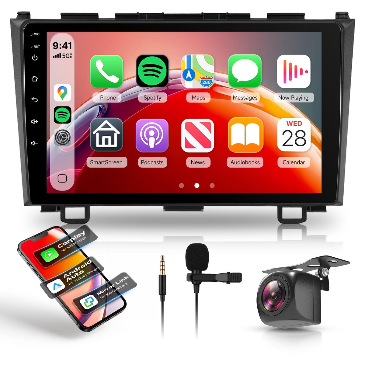 8 Core 6G+128G Android Car Radio for Honda CRV 2007-2011 with Wireless CarPlay Android Auto, 9” Touchscreen Car Stereo Mirror Link GPS WiFi Bluetooth FM RDS DSP EQ SWC Backup Camera