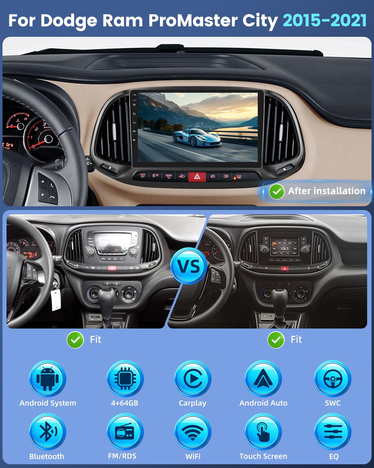 4+64G Car Stereo for Dodge Ram ProMaster City 2015-2021 with Wireless Carplay/Android Auto - 9 Inch Touchscreen Radio with 32EQ DSP/5GHz WiFi/GPS Navigation/Mirror Link/SWC + AHD Rear View Camera
