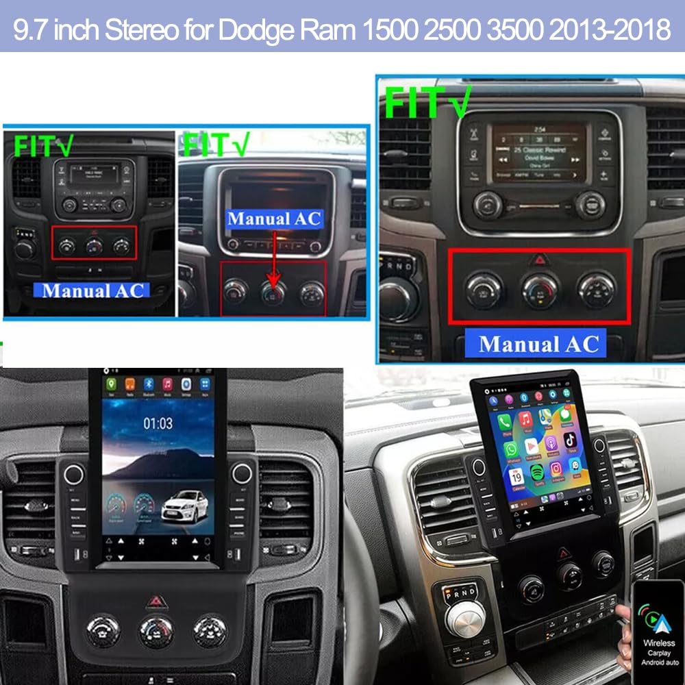 9.7 inch Car Radio Stereo for Dodge Ram 1500 2500 3500 2013 2014 2015 2016 2017 2018, 2GB +32GB, with Wireless & Wired Carplay,Built-in GPS WiFi DSP Camera MIC (Only fit Manual AC) (4+64G)