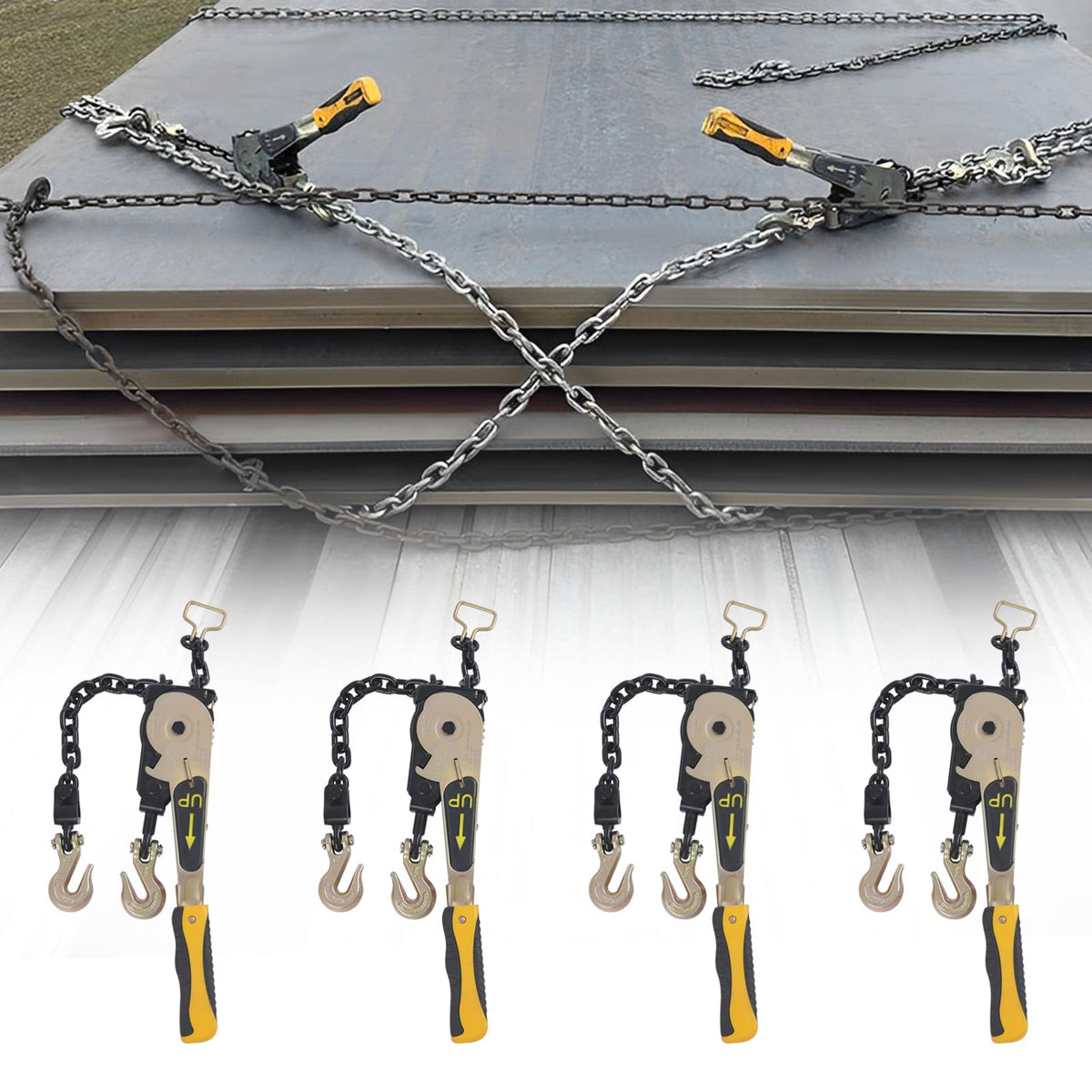 4 Pack 3/8"-1/2" Easy Ratchet Chain Binder with Grab Hooks & 6600 lbs WLL - Heavy Duty Tie Down Ratchet Load Binder for Flatbed Trailers & Trucks, Tractors, Transportation, Industry, Yellow