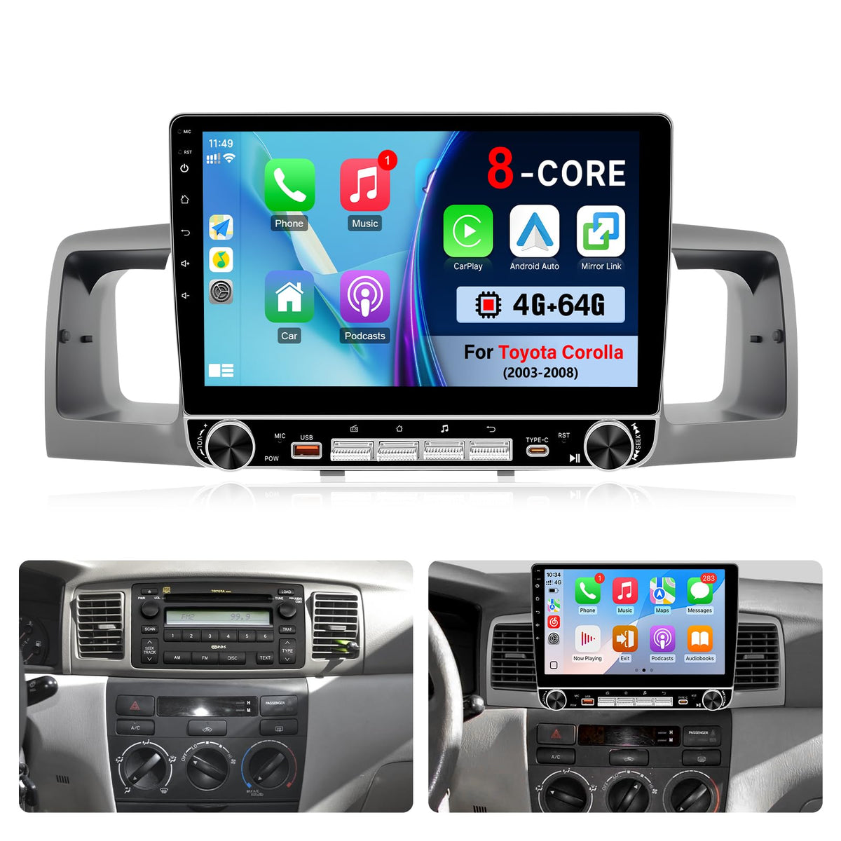 Upgraded 10.1 Inch Car Radio for Toyota Corolla 2003-2008, 4G+64G