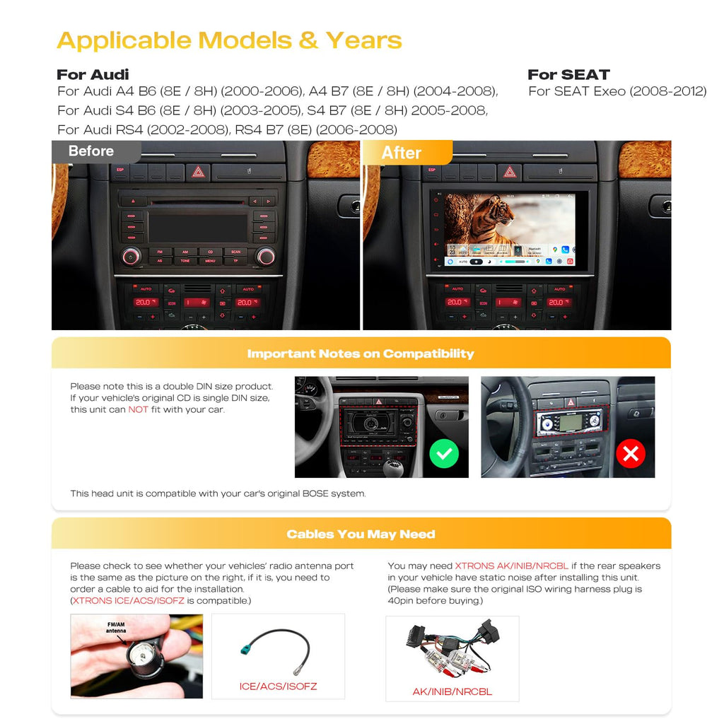 XTRONS 8" Android 15 Car Stereo for Audi A4 S4 RS4 SEAT Exeo 2000-2012