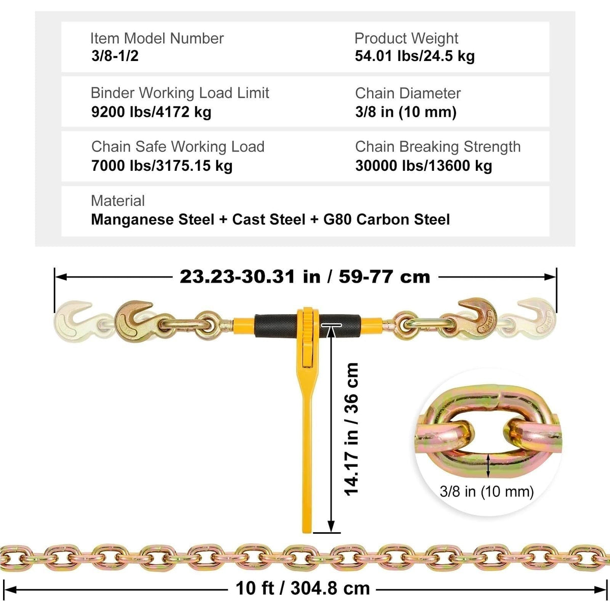 Obstacle Car Towing Rope Transport Binder Chain, Binder Chain Ratchet Load Tie Down Binders with Grab Hooks G80 Chains for Truck Towing Hauling for Transportation